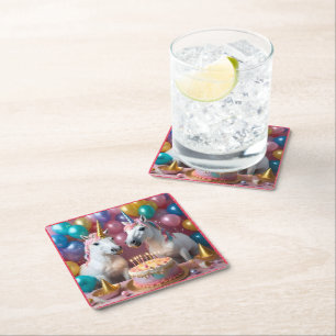 White Unicorns Celebrating Their Birthday, Square Paper Coaster