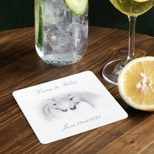 White Unicorns Love Couple Square Paper Coaster
