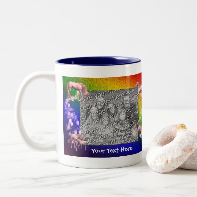 White Unicorns Rainbow Colours Personalized Photo  Two-Tone Coffee Mug (With Donut)