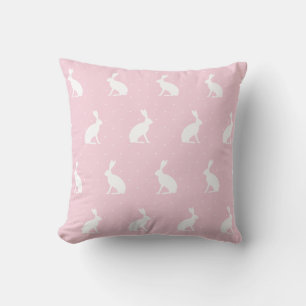 White Upright Bunnies Pattern. Girly Pink Throw Pillow