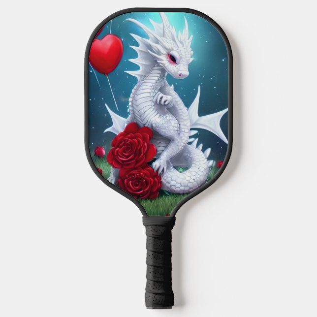 White Valentine Love Dragon Pickleball Paddle (Front)