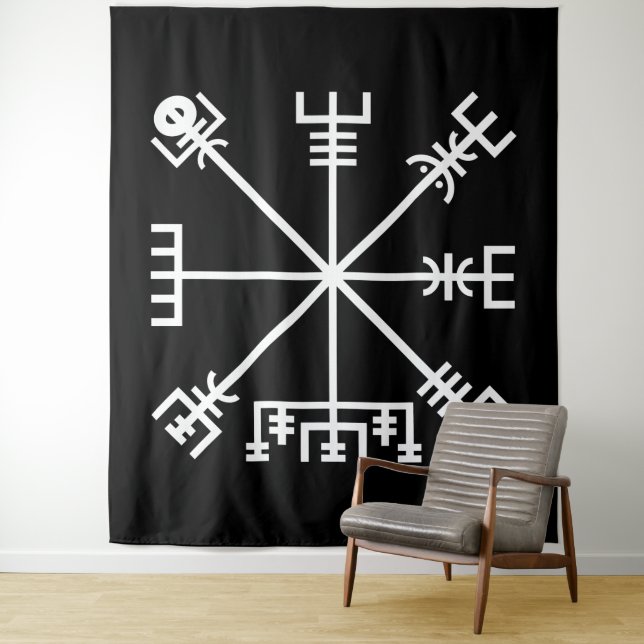 White Vegvisir Sigil on Black Tapestry (In Situ)