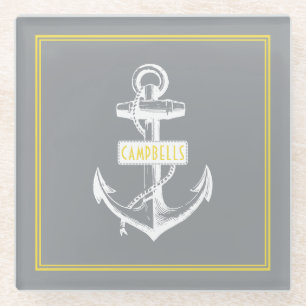 White vintage anchor, frame with name grey yellow glass coaster