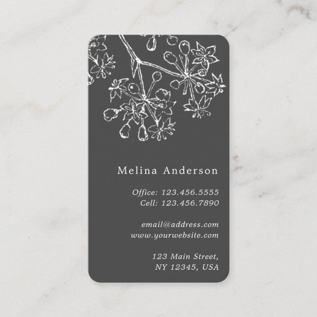 White Vintage Botanical Dark Grey Business Card (Front)