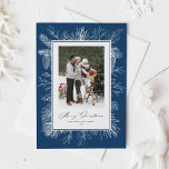 White Vintage Botanical Frame Navy Blue Photo Holiday Postcard<br><div class="desc">Merry Christmas! This photo Christmas postcard features a vintage-style white botanical frame in fine line art that adds a soft, elegant border around your image. Available in a range of background colours, it pairs beautifully with black and white or colour photos. The simple layout is perfect for holiday greetings, announcements,...</div>