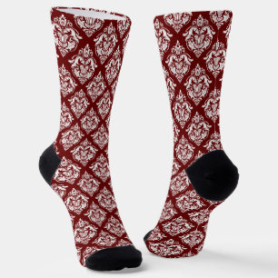 White vintage damask custom maroon red background socks