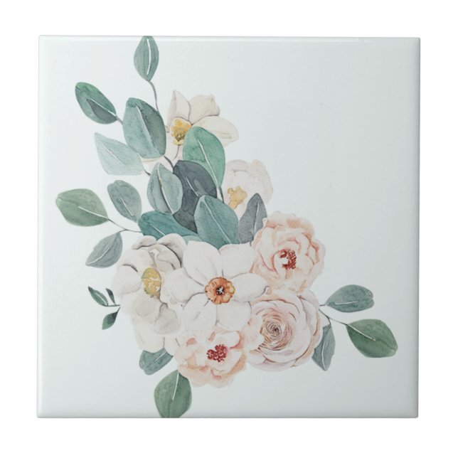 White Vintage Floral Greenery Elegant Tile (Front)