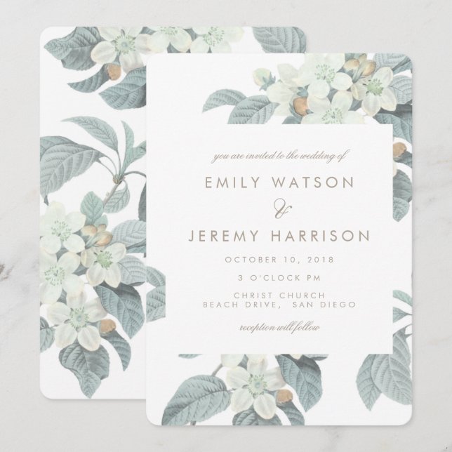 White Vintage Flower Blossoms Wedding Invitation (Front/Back)