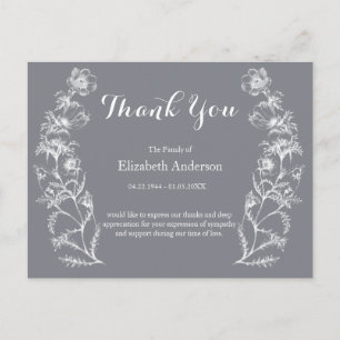 White Vintage Flowers Grey Funeral Thank You Postcard