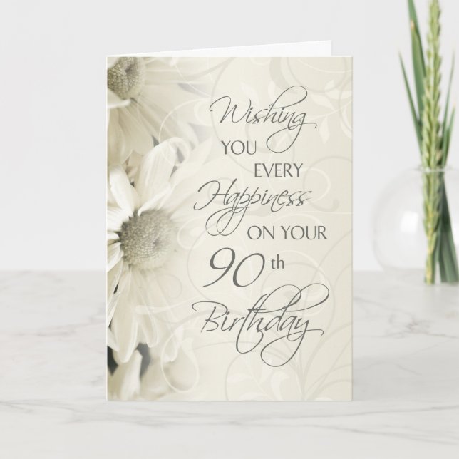 White Vintage Flowers Happy 90th Birthday Card (Front)