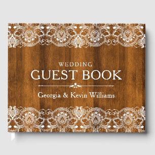 White Vintage Lace On Brown Wood Texture Guest Book