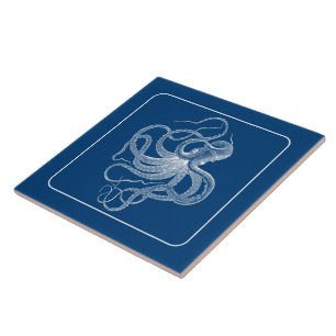 White Vintage Nautical Octopus on Navy Blue Tile