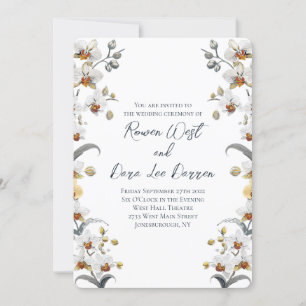 White Vintage Orchids Floral Wedding Invitation