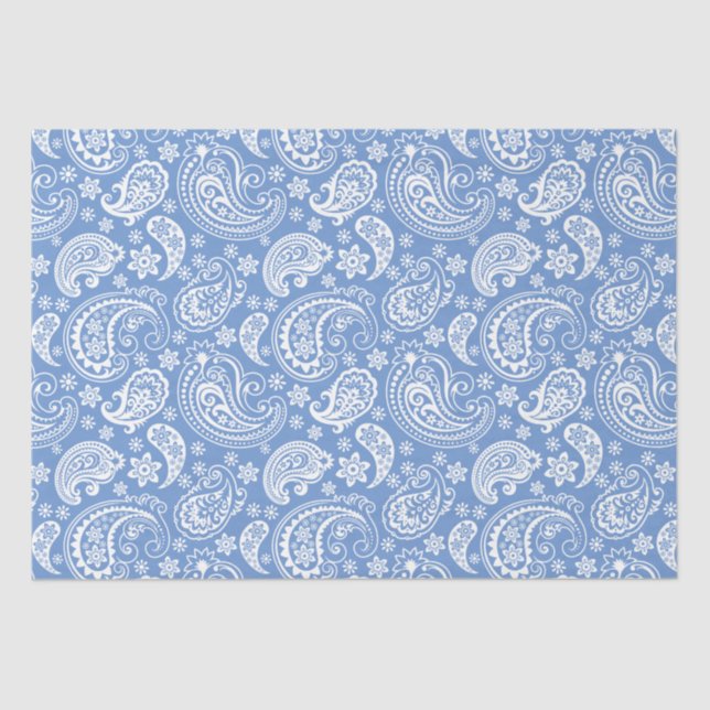 White Vintage Paisley Over Blue Background Tissue Paper (Front)