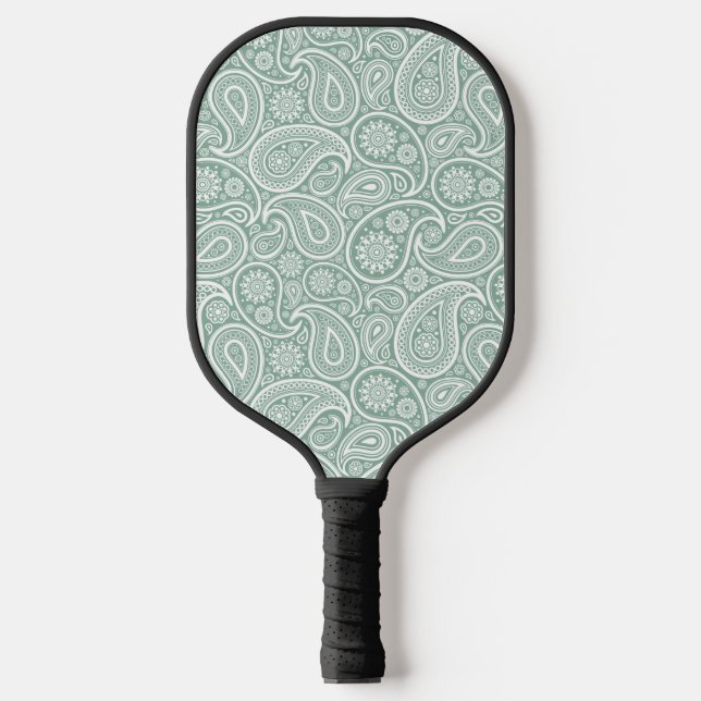 White Vintage Paisley Pattern Muted Green Pickleball Paddle (Front)