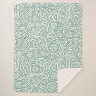 White Vintage Paisley Pattern Muted Green Sherpa Blanket