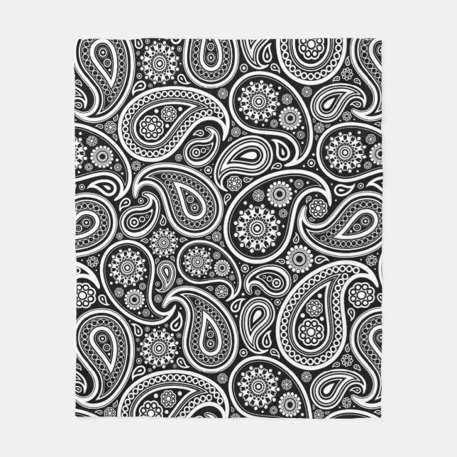 White Vintage Paisley Pattern On Black Fleece Blanket (Front)