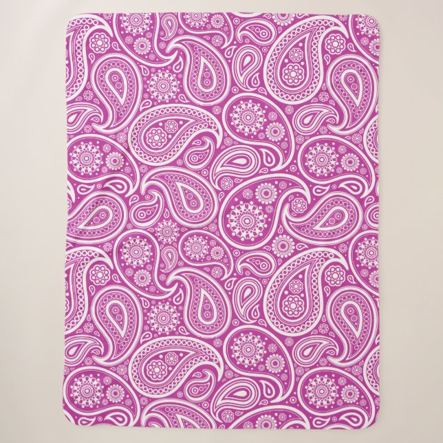 White Vintage Paisley Pattern On Pink Sherpa Blanket (Front)