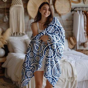 White Vintage Paisley Pattern On Royal Blue Fleece Blanket