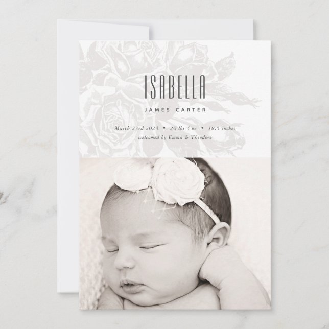 White Vintage Rose Birth Announcement (Front)