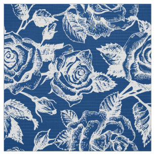 White Vintage Roses Pattern Custom Blue Background Fabric