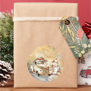 White Vintage Truck Gold Sky Snowman Christmas Classic Round Sticker