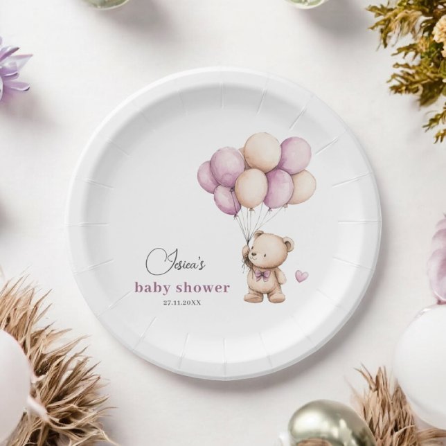 White Violet Beige Teddy Bear Balloons Paper Plate (Creator Uploaded)