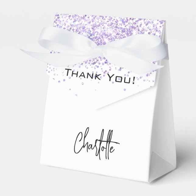 White violet glitter sparkles name thank you favor box (Front Side)