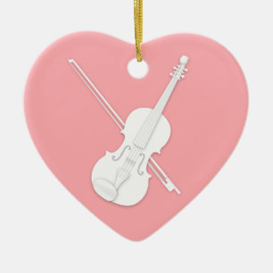 White Violin & Bow Mauve Pink Custom Heart Ceramic Ornament