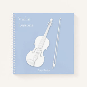 White Violin & Bow Music Light Blue Custom Square Notebook