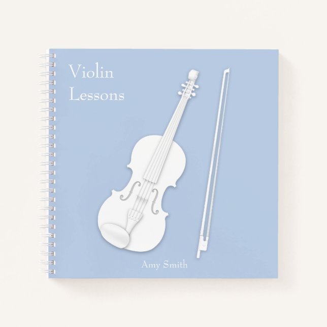 White Violin & Bow Music Light Blue Custom Square Notebook (Front)