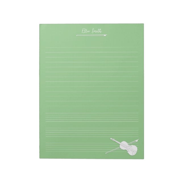 White Violin & Bow Personalized Music Class Green Notepad (Rotated)