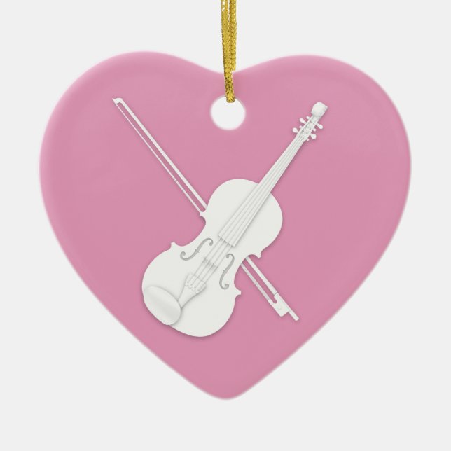 White Violin & Bow Pretty Pink Custom Heart Ceramic Ornament (Front)