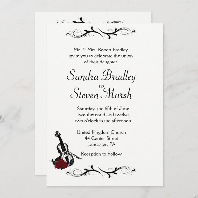 White Violin Music Wedding Invitation  5" x 7" (Front/Back)