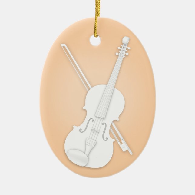 White Violin or Viola with Bow Orange Musical Ceramic Ornament (Front)