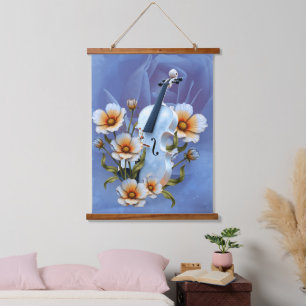 White Violin with Flowers – Elegant Music & Nature Hanging Tapestry