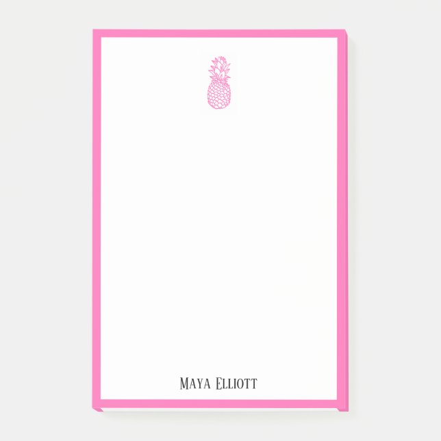 White w/ Bright Pink Pineapple & Border + Name Post-it Notes (Front)
