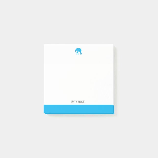 White w/ Bright Sky Blue Elephant & Border + Name Post-it Notes (Front)