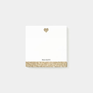 White w/ Gold Faux Glitter Heart & Border, Name Post-it Notes