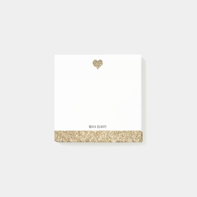 White w/ Gold Faux Glitter Heart & Border, Name Post-it Notes (Front)
