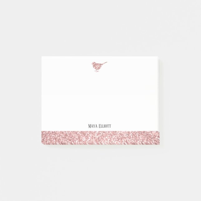 White w/ Rose Gold Faux Glitter Bird & Border Post-it Notes (Front)