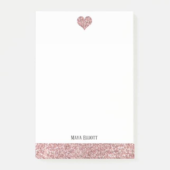 White w/ Rose Gold Faux Glitter Heart & Border Post-it Notes (Front)