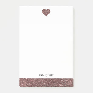 White w/ Rose Gold Faux Glitter Heart & Border Post-it Notes