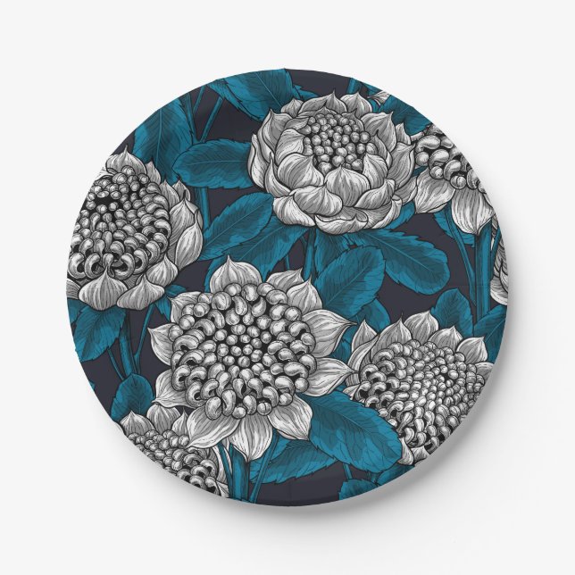 White waratah flowers paper plate (Front)