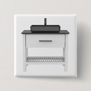 White wash basin cabinet with black sink and fauce 2 inch square button
