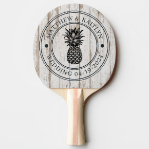 White Wash Wooden Pineapple Wedding Crest & Names Ping Pong Paddle