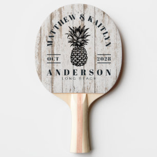 White Wash Wooden Tropical Pineapple Wedding Crest Ping Pong Paddle