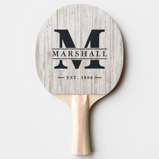 White Washed Wood Monogram & Name Overlay Ping Pong Paddle (Back)