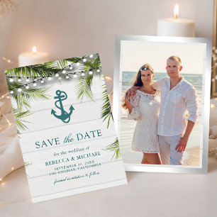White Washed Wood Palm Leaves Teal Anchor Wedding Save The Date