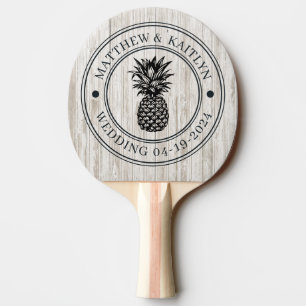 White Washed Wood Pineapple Wedding Crest & Names Ping Pong Paddle